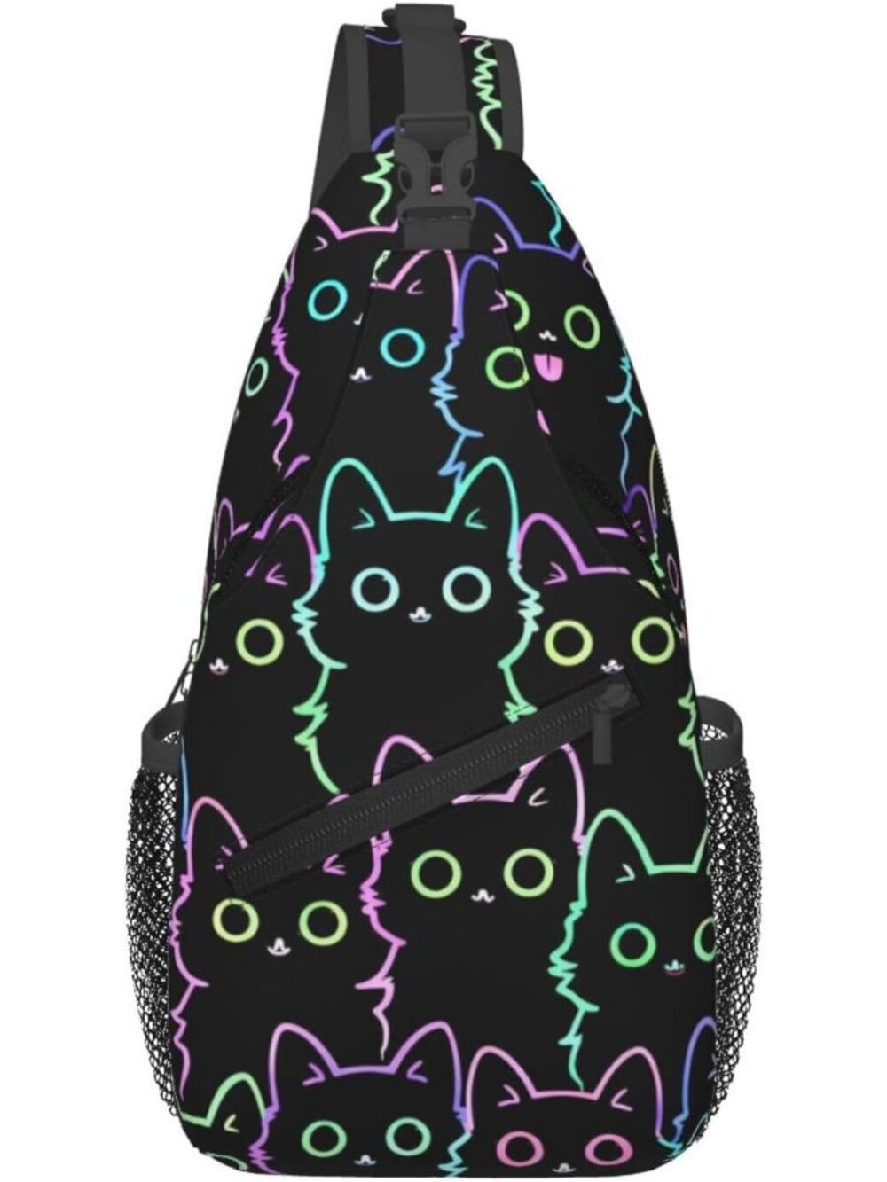 Unisex Psychedelic Black Cat Sling Chest Bag Travel Hiking Casual Crossbody Bag